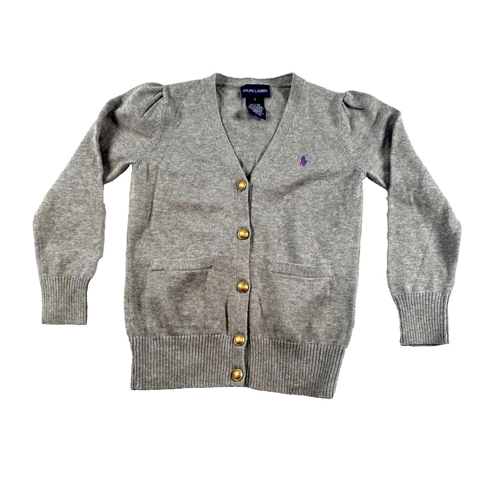 Ralph Lauren Cardigan Sweater Girls Size 5 Pima cotton Gold‎ Buttons Pony Logo